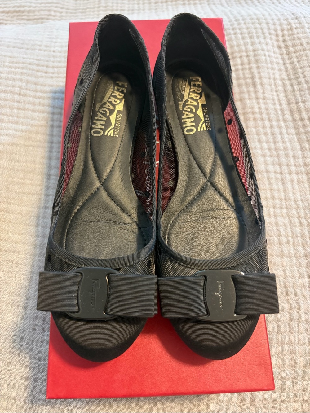 Salvatore Ferragamo Black Fabric Varina Dot Ballet Flats 5.5